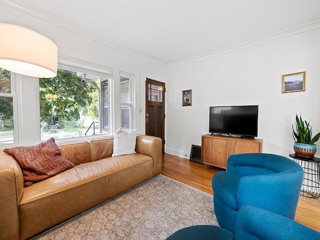 living room with hardwood / wood-style flooring and ornamental molding