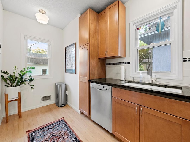 kitchen featuring backsplash, dark stone countertops, dishwasher, and light hardwood / wood-style flooring