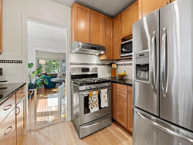 kitchen featuring dark stone countertops, light hardwood / wood-style flooring, appliances with stainless steel finishes, and tasteful backsplash