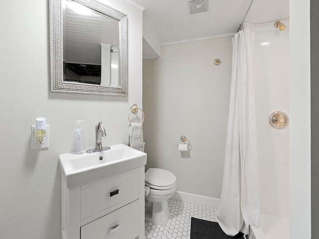 bathroom with tile patterned floors, walk in shower, ornamental molding, vanity, and toilet