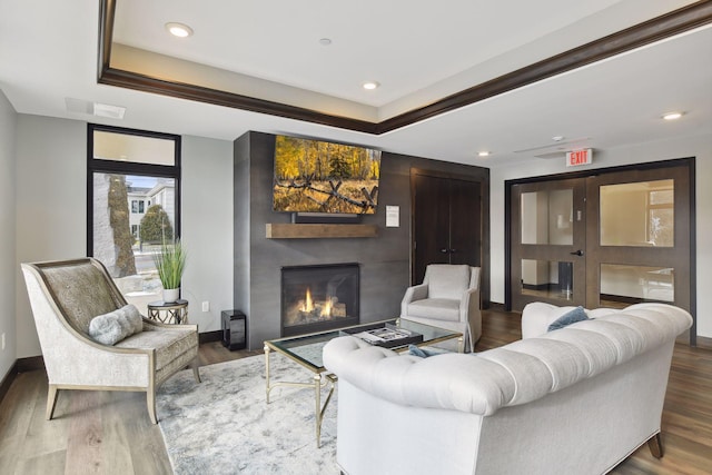 living room featuring a raised ceiling, wood-type flooring, and a fireplace