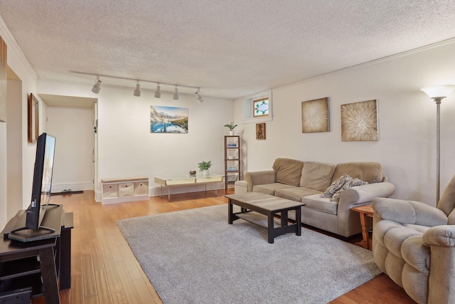 living room with hardwood / wood-style floors, a textured ceiling, and track lighting