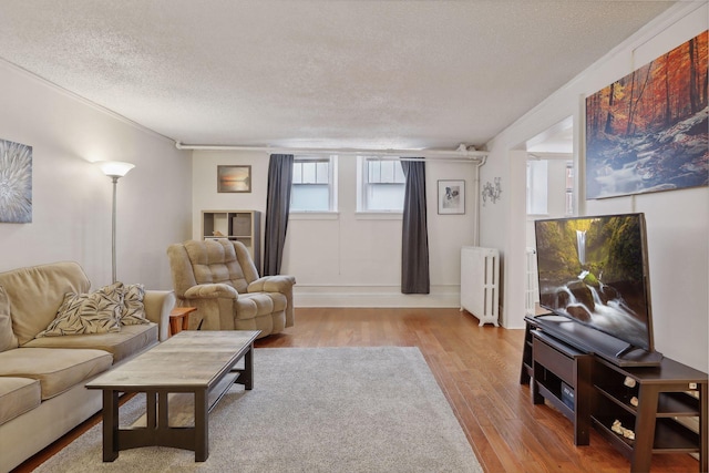 living room featuring radiator heating unit, a textured ceiling, and light hardwood / wood-style floors