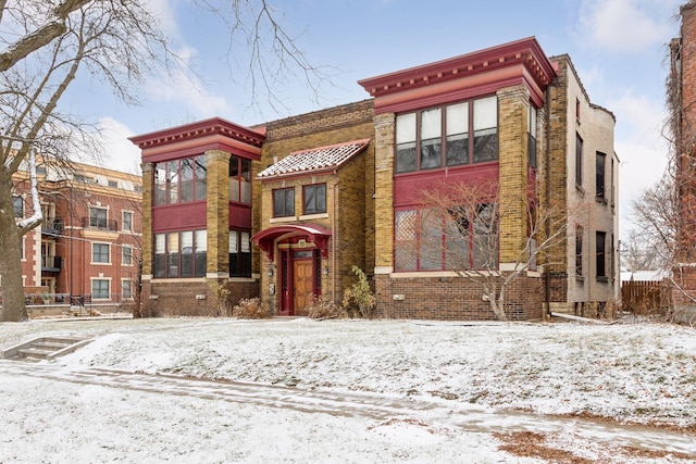 view of snow covered building