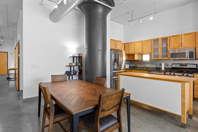 dining area with a high ceiling, track lighting, a wood stove, and sink