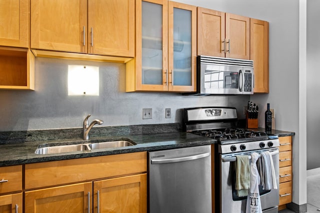 kitchen with sink, dark stone countertops, and stainless steel appliances