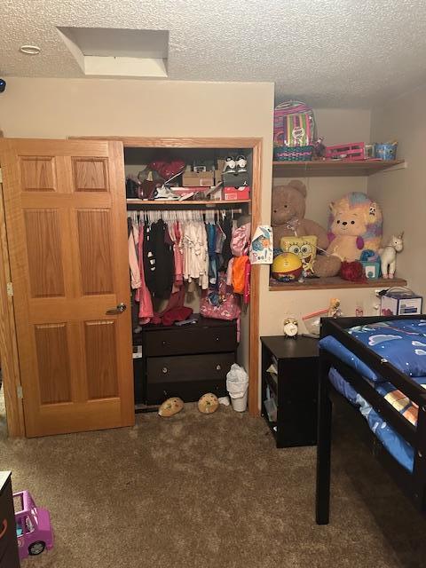 bedroom featuring carpet, a textured ceiling, and a closet