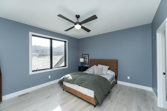 bedroom with light hardwood / wood-style flooring and ceiling fan