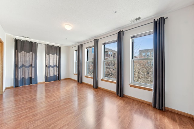 spare room with a textured ceiling, light hardwood / wood-style floors, and a wealth of natural light