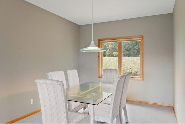 dining space featuring light carpet