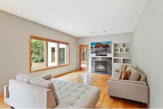 living room with light wood-type flooring and a premium fireplace