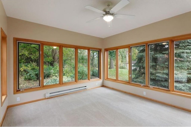 unfurnished sunroom with a baseboard radiator and ceiling fan