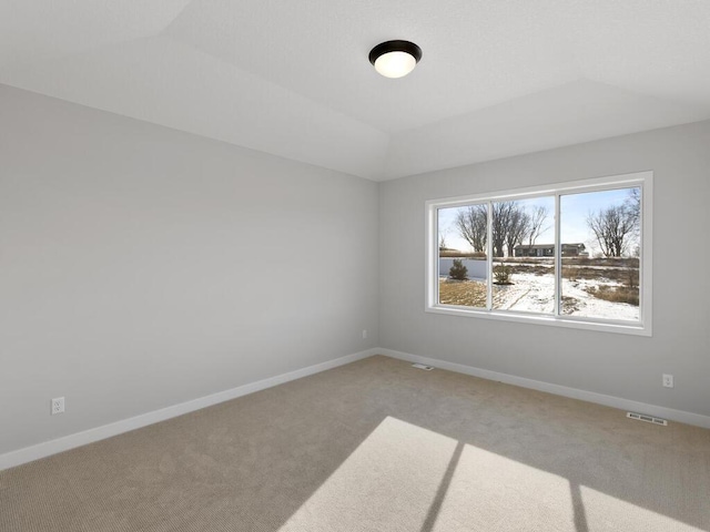 empty room featuring a tray ceiling and carpet