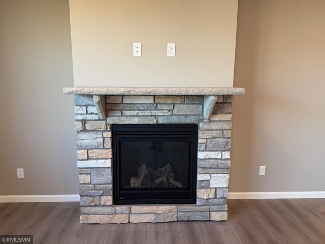 room details featuring a fireplace and hardwood / wood-style flooring