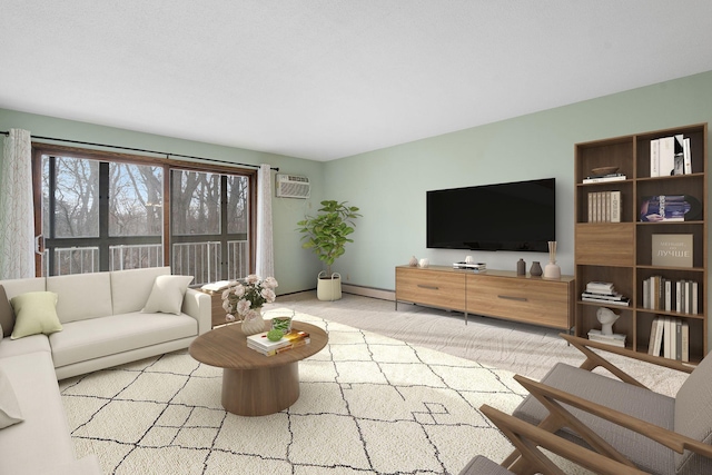 living room with carpet flooring, an AC wall unit, and baseboard heating