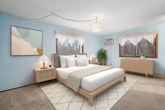 bedroom featuring light colored carpet and a wall mounted air conditioner