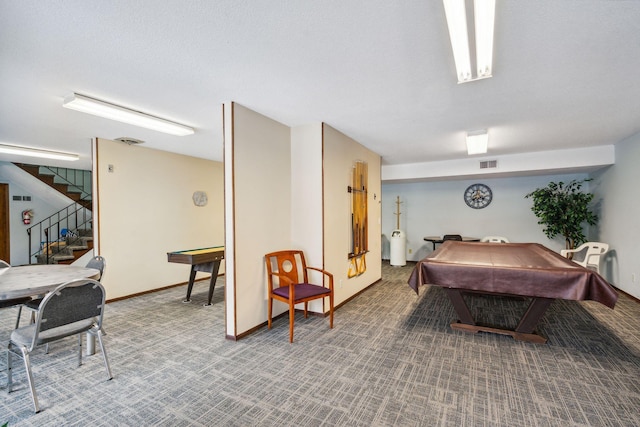 game room with carpet flooring and billiards