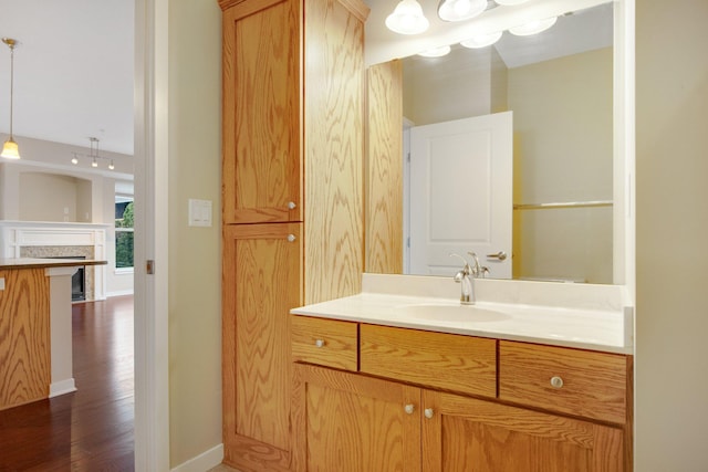 bathroom with vanity and wood-type flooring