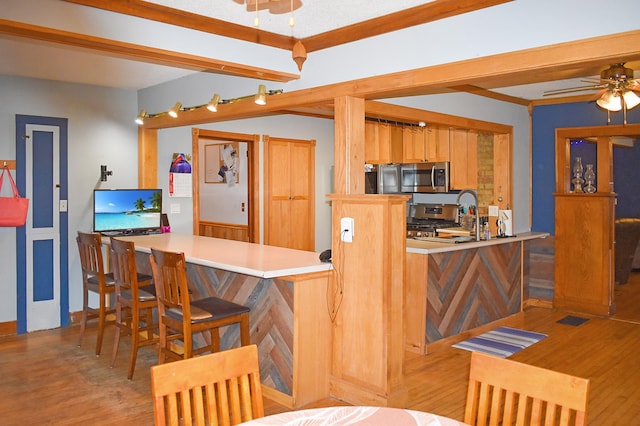 kitchen featuring ceiling fan, sink, light hardwood / wood-style flooring, kitchen peninsula, and appliances with stainless steel finishes