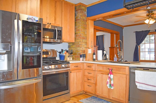 kitchen with ornamental molding, stainless steel appliances, ceiling fan, sink, and light hardwood / wood-style floors