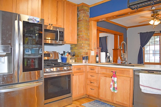 kitchen featuring ornamental molding, stainless steel appliances, ceiling fan, sink, and light hardwood / wood-style floors