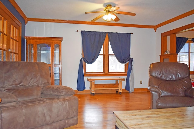 living room featuring light hardwood / wood-style flooring, plenty of natural light, crown molding, and ceiling fan