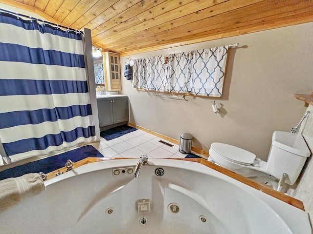 bathroom with wooden ceiling, a bath, tile patterned floors, toilet, and vanity