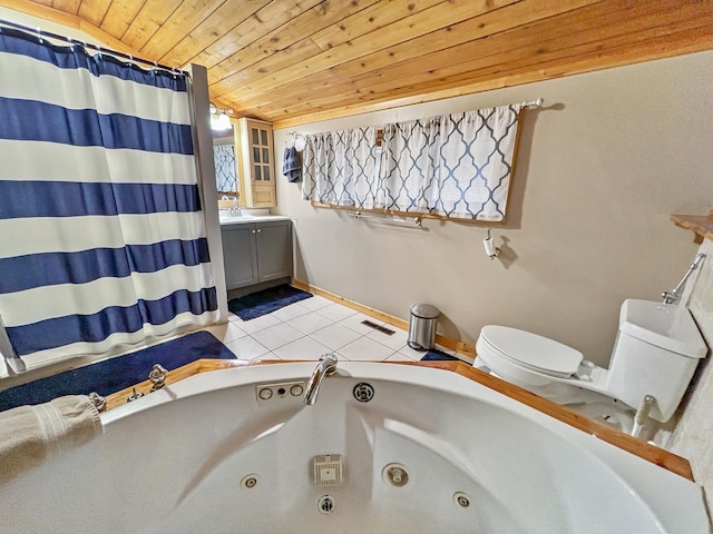 132 6th St NE, Crosby, MN 56441 - full bath with wooden ceiling, toilet, tile patterned floors, a jetted tub, and vaulted ceiling