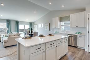 kitchen with stainless steel dishwasher, wood-type flooring, white cabinetry, a kitchen island, and lofted ceiling