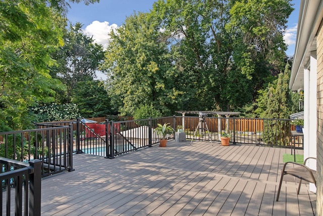 wooden terrace with an outdoor pool and a fenced backyard