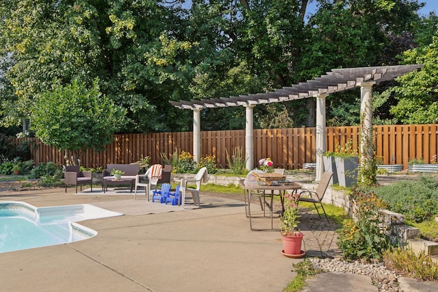 view of pool featuring a pergola, a fenced in pool, a patio area, and fence