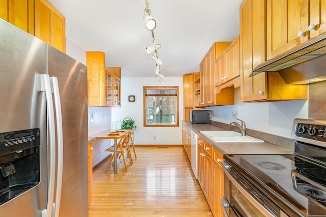 kitchen featuring a sink, under cabinet range hood, stainless steel appliances, light wood-style floors, and glass insert cabinets