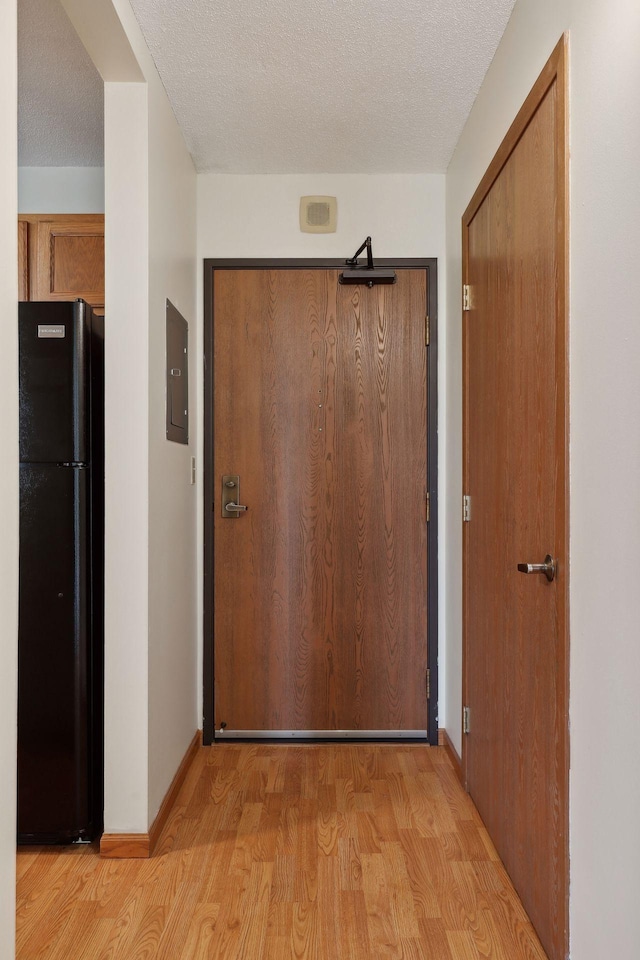 doorway featuring electric panel, light hardwood / wood-style floors, and a textured ceiling