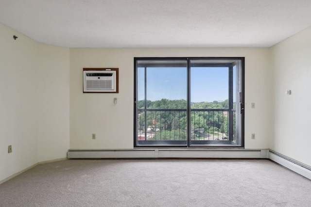 unfurnished room featuring a wall mounted air conditioner, baseboard heating, a textured ceiling, and carpet