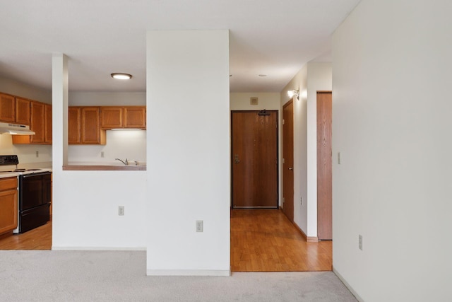 kitchen featuring light wood-type flooring, white electric range, and sink