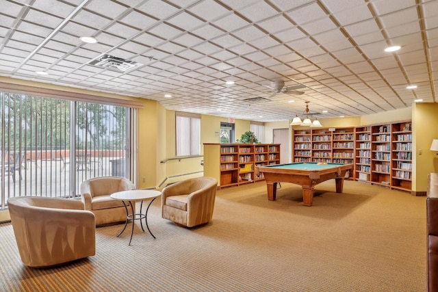 rec room featuring ceiling fan, carpet floors, and pool table