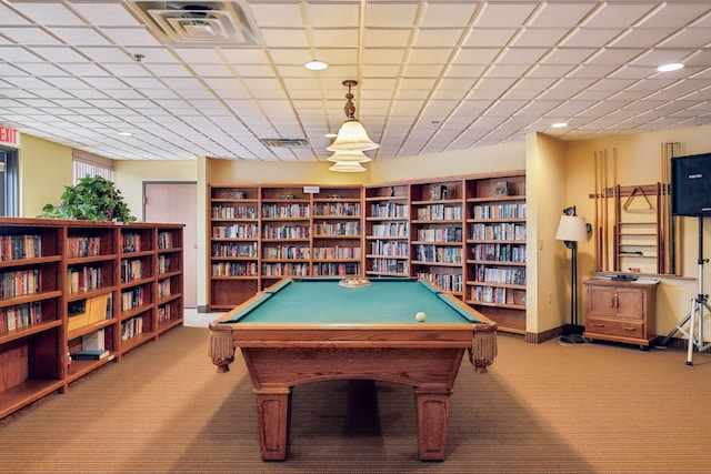 rec room with carpet floors and billiards