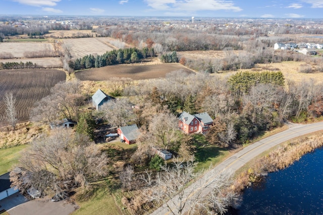 bird's eye view with a water view and a rural view