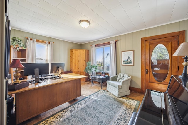 office area featuring light hardwood / wood-style floors, crown molding, and a healthy amount of sunlight