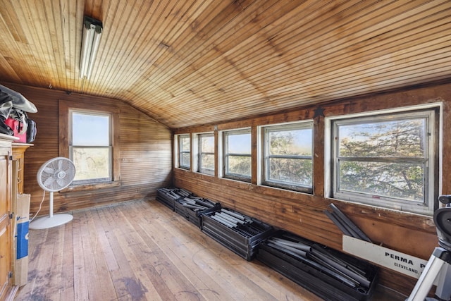 interior space with wood ceiling and lofted ceiling