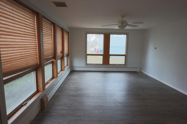 spare room with dark hardwood / wood-style floors, ceiling fan, and a baseboard radiator