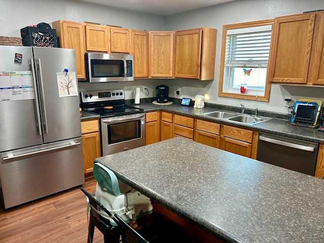 kitchen featuring stainless steel appliances, sink, and light hardwood / wood-style floors