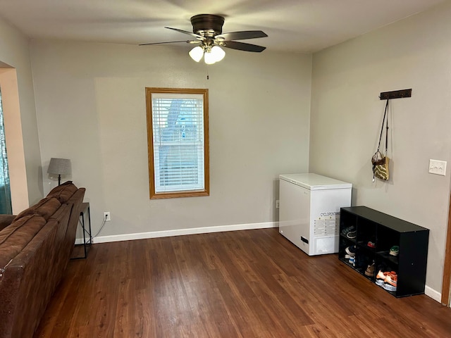 interior space featuring ceiling fan and dark hardwood / wood-style floors