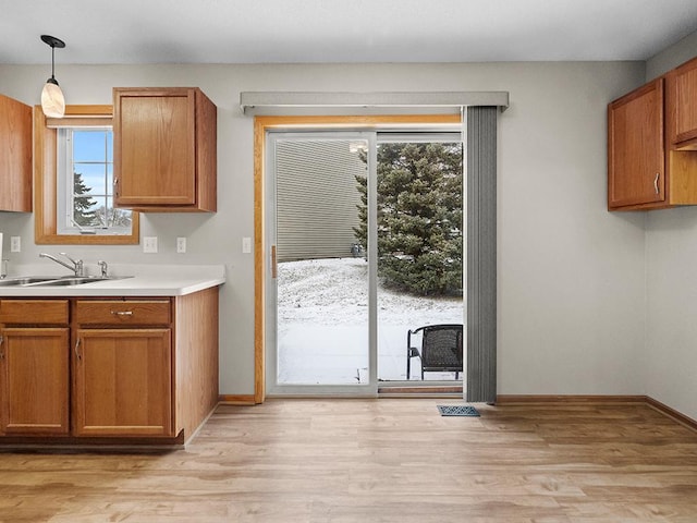 kitchen featuring sink, pendant lighting, and light hardwood / wood-style flooring