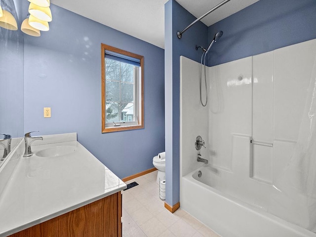 full bathroom featuring toilet, bathtub / shower combination, and vanity