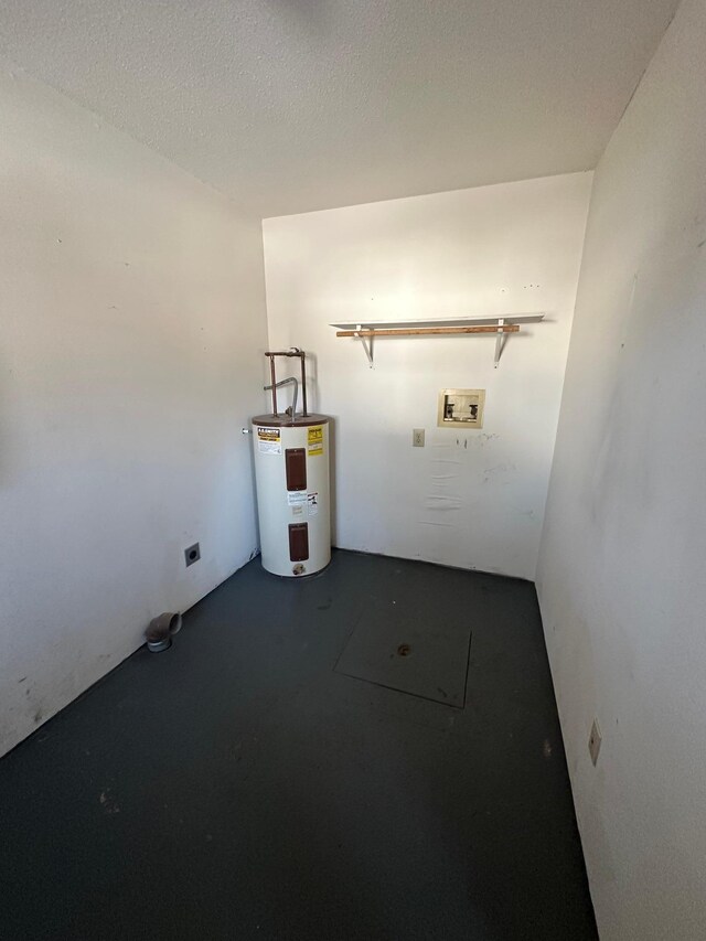 laundry room with laundry area, electric dryer hookup, washer hookup, a textured ceiling, and electric water heater