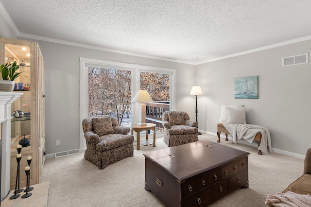 living room featuring a textured ceiling, crown molding, and light carpet