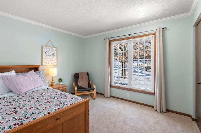 bedroom featuring a textured ceiling, crown molding, and light colored carpet