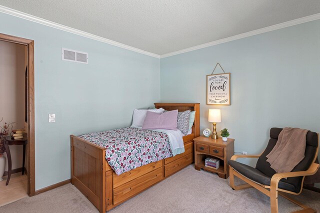 bedroom with light carpet and ornamental molding