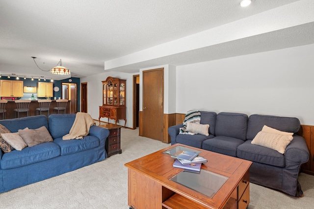 living room with light colored carpet, wooden walls, and a textured ceiling